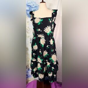 Draper James Black Floral Midi Dress Ivory Hydrangeas Tiered Skirt Ruffles Lined